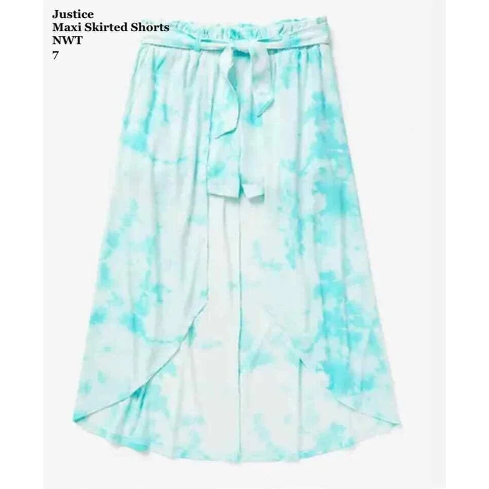 Justice Girls Maxi Shorts Overlay Skort Size 7 Blue Tie-Dye Tie Front Beach Boho